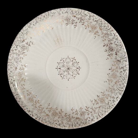 Antique Gold Floral Transferware Saucer Plate 6" White Ironstone Look - Picture 2 of 4